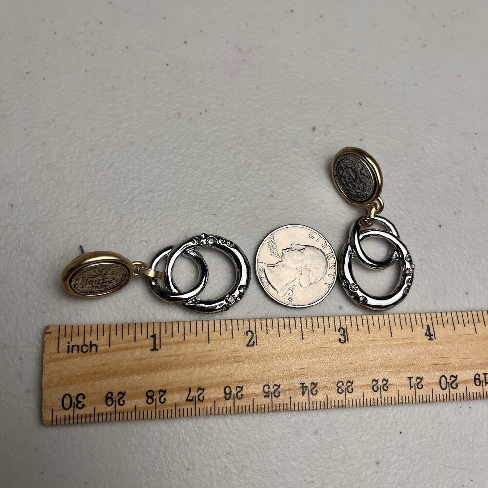 Mayan Aztec Coin Medallion Earrings Hoop Rhinestone Gold Silver Two Tone Tribal - Picture 6 of 9